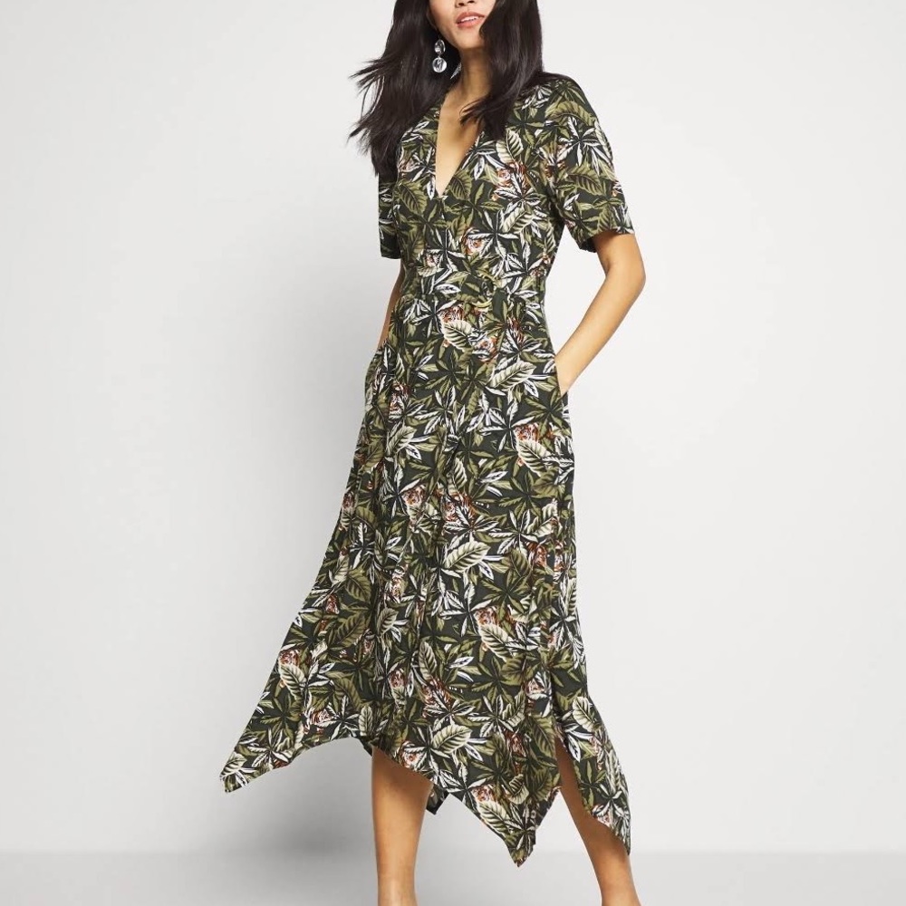 Banana Republic Olive Green Tropical Asymmetrical Midi Dress